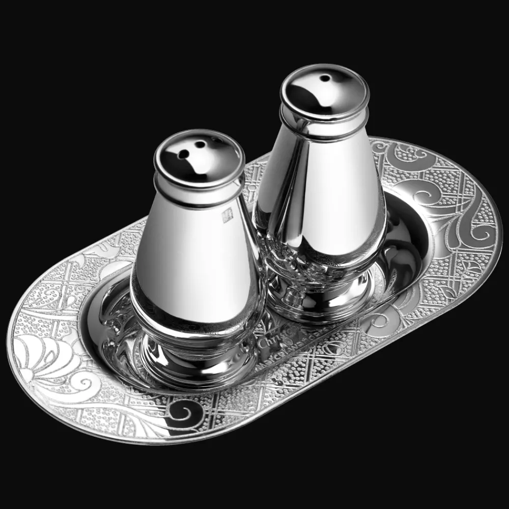 Accessoires De Table*Christofle Salière et poivrière sur plateau en métal argenté